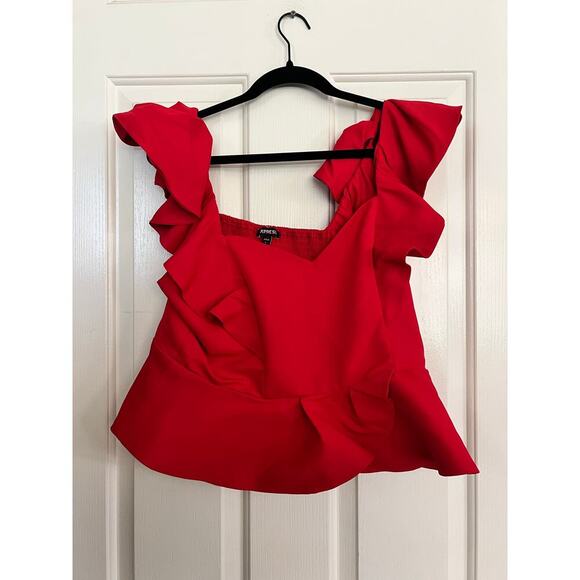 NWT Express Women's Red Flutter Sleeve Sweetheart Neck Peplum Top Size Large - Picture 3 of 7